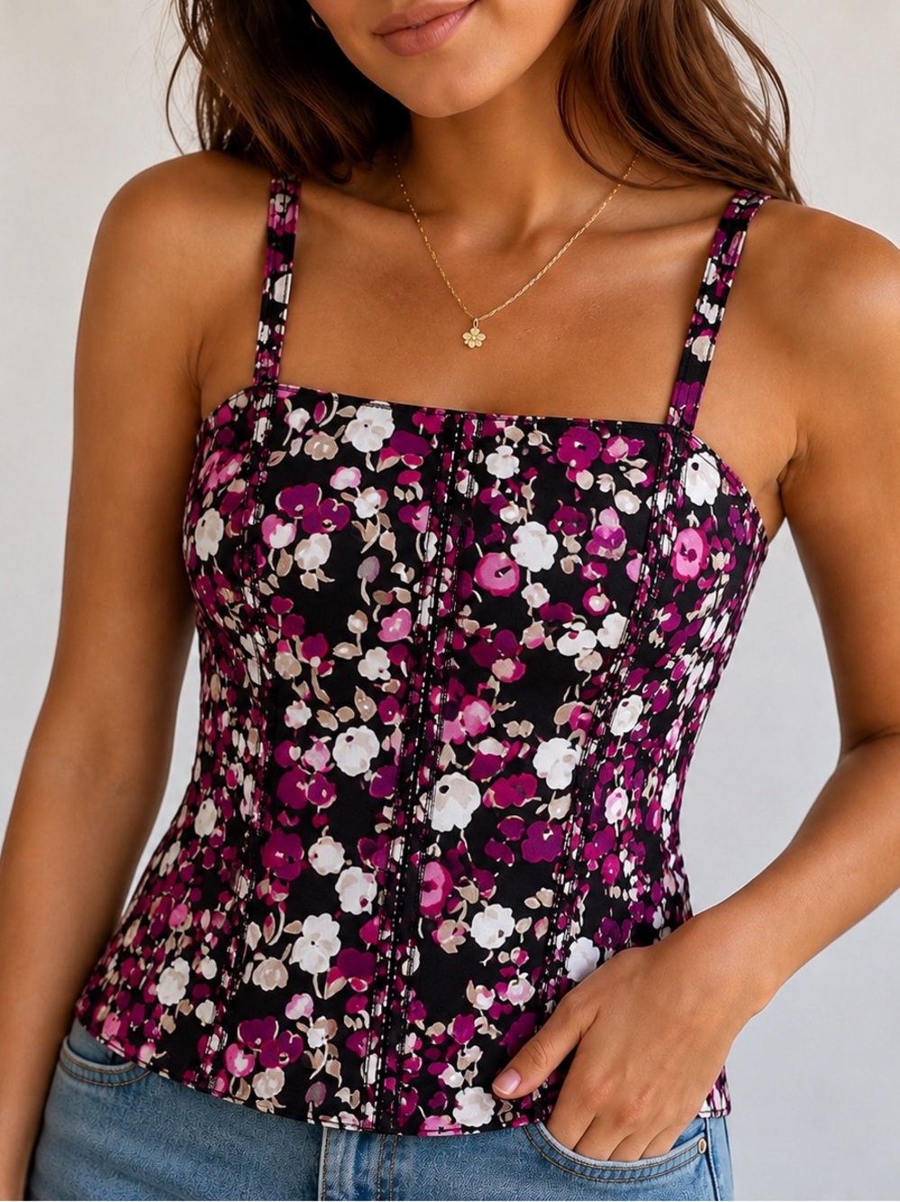 White House Black Market Floral Bustier Corset Tank Top Black Pink